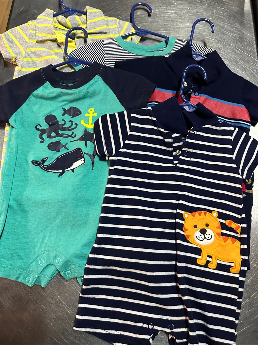 Striped Navy Romper with Lion Applique + Teal Ocean Romper - Toddler Set 5pcs